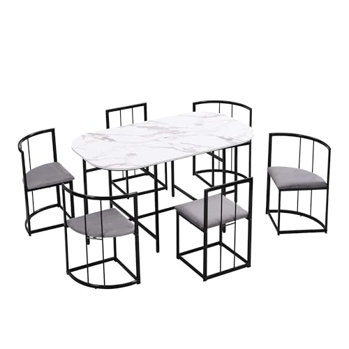 JNTFNE Modernes ovales Esstisch-Set mit 6 Sitzplätzen, weiße MDF-Platte, goldener Eisenrahmen, grauer Samt gepolsterte Stühle, platzsparendes Design für Küche und Esszimmer (schwarz) von JNTFNE