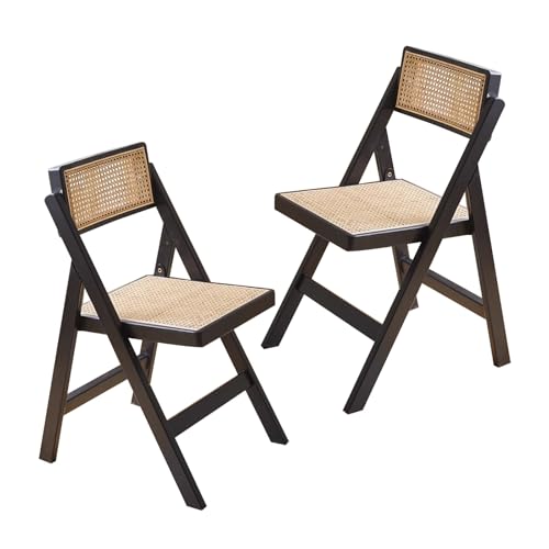 Mid Century Moderner klappbarer Esszimmerstuhl, 2er-Set, verstellbare Rückenlehne, Rattan & Holz, minimalistisches Design, Vintage-Schwarz, stilvolle und platzsparende Möbel von JNTFNE