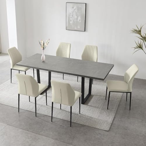 Modernes Bauernhaus-Esstisch-Set für 6 8 Personen mit ausziehbarem Tisch mit hohem Härtegrad und Metallgestell, platzsparendes Küchen-Esstisch-Set mit 6 beigefarbenen Stühlen, 130 cm bis 170 cm Länge Modernes Bauernhaus-Esstisch-Set für 6 8 Personen mit ausziehbarem Tisch mit hohem Härtegrad und Metallgestell, platzsparendes Küchen-Esstisch-Set mit 6 beigefarbenen Stühlen, 130 cm bis 170 cm Länge von JNTFNE