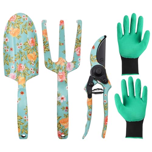 JNUYISW Gartenwerkzeug Set, 4 Stück Gartenwerkzeug mit Aufdruck Inklusive Gartenschere, Gartenschaufel, Gartenkralle, Handschuhe Gartengeschenk Set Geburtstagsgeschenke für Frauen, Gartenliebhaber von JNUYISW