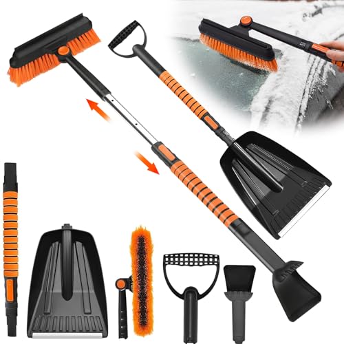 JNUYISW Eiskratzer Auto mit Besen, 5 in 1 Ausziehbarer Abnehmbarer Eisschaber Schneeschaufel 180°Drehbarer Schneebesen mit Ergonomischem Schaumstoffgriff Scheibenkratzer für Auto SUV Truck LKW von JNUYISW