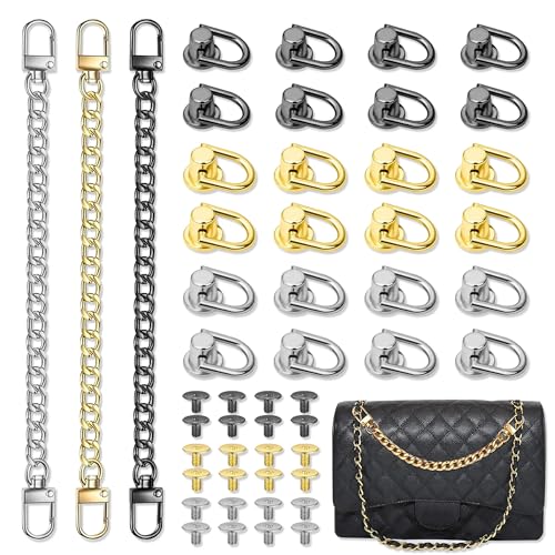 JNYUTEEN 24 Stück D Ring Stud Screw Head, 3 Farben D Ringe Rivets Mit 3 Stück Geldbörsen Kettenriemen, Metall Ledernieten Stud Nieten mit Ring Für DIY Handyhülle Handtasche Rucksack von JNYUTEEN