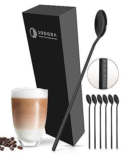 JODORA Design Latte Macchiato Löffel schwarz 19cm - 6 lange Löffel aus rostfreien 304 Edelstahl - stabile Dessertlöffel lang spülmaschinenfest von JODORA