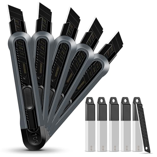 JOEJONI 5 Stück Cuttermesser Set, Cuttermesser 18mm mit 55 Ersatzklingen aus SK5, Profi Cuttermesser, Teppichmesser mit Sicherheitslock, ideales Werkzeug für Heimwerker JOEJONI 5 Stück Cuttermesser Set, Cuttermesser 18mm mit 55 Ersatzklingen aus SK5, Profi Cuttermesser, Teppichmesser mit Sicherheitslock, ideales Werkzeug für Heimwerker von JOEJONI
