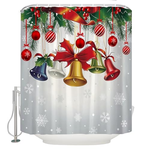 JOFKAXU Duschvorhang mit Weihnachtsglocken, rote Schneeflocken, Kugeln, Schleife, Winter, Urlaub, Neujahr, Badezimmer-Vorhang mit Haken JOFKAXU Duschvorhang mit Weihnachtsglocken, rote Schneeflocken, Kugeln, Schleife, Winter, Urlaub, Neujahr, Badezimmer-Vorhang mit Haken von JOFKAXU