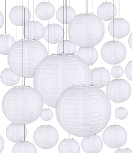 JOFLVA Papierlaterne 30 Stücke Lampions Weiße Papier Laterne Hängende Runde Papierlaternen für Hochzeit Geburtstag Feiern Garten Deko (Verschiedene Größen von 15cm 20cm 25cm 30cm) von JOFLVA