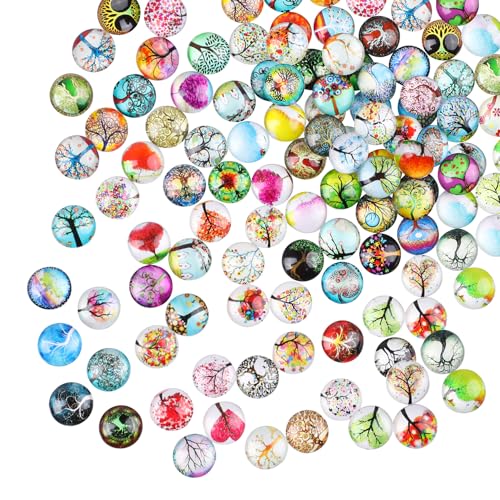 JOFONY 100 Stück Glücksstein Bunte Glassteine,12mm Gemischte Farbe Muggelsteine,Runde Lebensbaum Glascabochons für DIY Handwerkliche Schmuckherstellung Heimdekoration von JOFONY