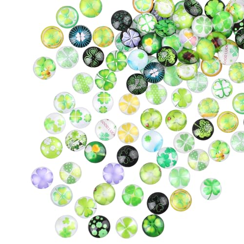 JOFONY 100 Stück Glücksstein Bunte Glassteine,12mm Vierblättriges Kleeblatt Muggelsteine,Runde Glücksklee Glascabochons für DIY Handwerkliche Schmuckherstellung Heimdekoration von JOFONY