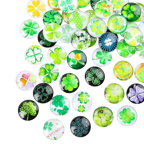 JOFONY 50 Stück Glücksstein Bunte Glassteine,25mm Vierblättriges Kleeblatt Muggelsteine,Runde Glücksklee Glascabochons für DIY Handwerkliche Schmuckherstellung Heimdekoration von JOFONY
