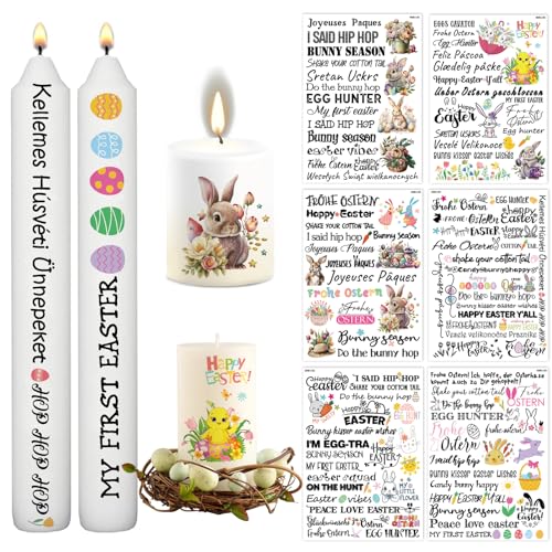 JOFONY 6 Blatt Kerzentattoos,Ostern Kerzensticker,Kerzen Tattoo kerzenfolie,Wasserschiebefolie Kerzen Dekorieren für Kerzen Keramik Tasse DIY Geschenk von JOFONY