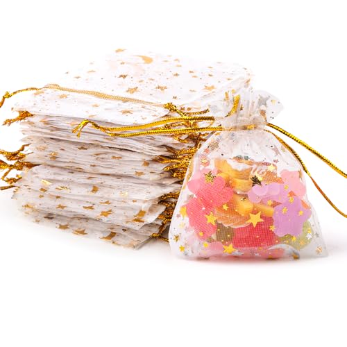 JOFONY Organzasäckchen,100 Stück Organzabeutel,Weiß Schmuckbeutel mit Kordelzug,Organza Geschenkbeutel für Festival Party Hochzeit Geschenk(7x9cm) von JOFONY