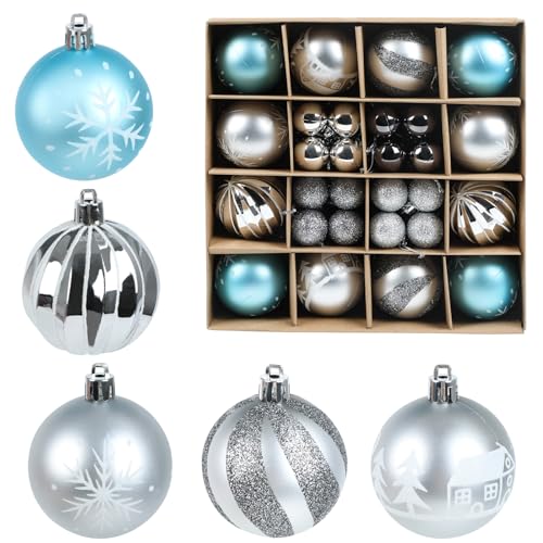 JOFONY Weihnachtsbaumkugeln,44 Stück Weihnachtskugeln Set,6cm und 3cm Christbaumkugeln Weihnachtsbaumschmuck Weihnachtskugeln Blau Silber baumkugeln für Indoor Outdoor Weihnachtsbaum Deko von JOFONY