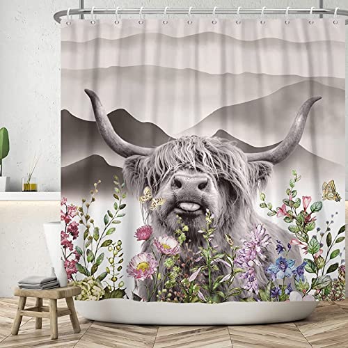 JOGAMA Duschvorhang 200x200 Graues Hochlandrind, Shower Curtains Antischimmel 3D Kuh-Druck, Duschvorhänge Wasserdicht Waschbar, Badevorhang für Badewanne Dusche Badezimmer, mit 12 Ringe von JOGAMA