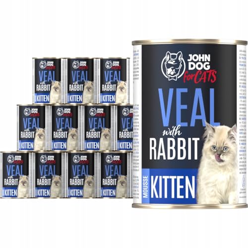 JD for Cats - Nassfutter für Kätzchen mit Kalbfleisch und Kaninchen - mit Kürbis und Lachsöl - hoher Fleischanteil - Dosen 400 g x 12 von JOHN DOG
