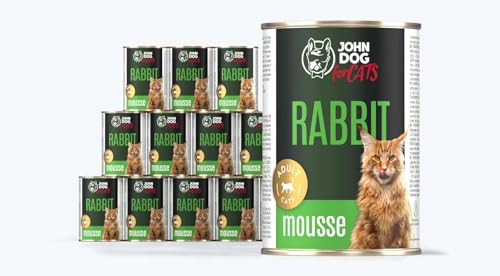 JD for Cats - Nassfutter für ausgewachsene Katzen mit Kaninchen - Mousse mit Süßkartoffel und Lachsöl - hoher Fleischanteil - Dosen 400g x 12 von JOHN DOG