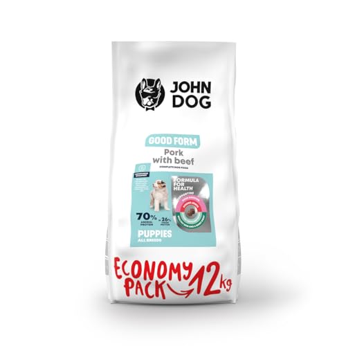 JOHN DOG Hundefutter für Welpen, Trockenfutter für Hunde, Hundetrockenfutter, Welpenfutter, Tierfutter, Haustierfutter, Gultenfrei - Schweinefleisch mit Rindfleisch - 12kg von JOHN DOG