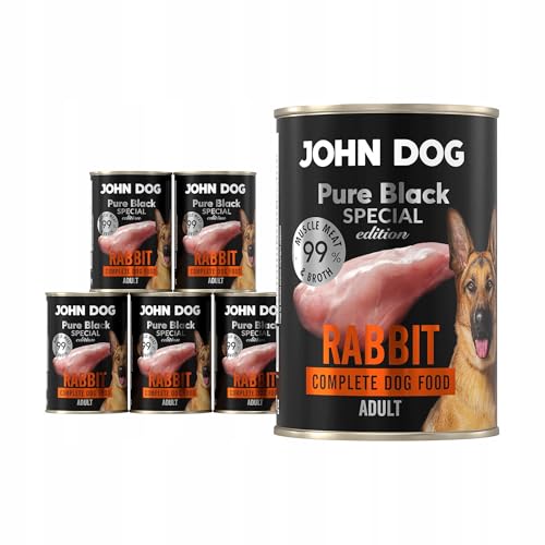 JOHN DOG Hundenassfutter Kaninchen - Premium Getreidefreies Hundefutter mit 99% Fleisch - Monoprotein Nassfutter für ausgewachsene Hunde - Pure Black Special Edition 6 x 400g von JOHN DOG