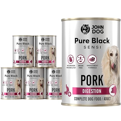 JOHN DOG Hundenassfutter Pure Black Digestion Schwein - Getreidefreies Monoprotein Nassfutter für empfindliche Hunde - Ohne Huhn, fördert die Verdauung 6 x 400g von JOHN DOG