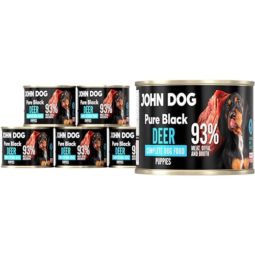 JOHN DOG Hundenassfutter Pure Black Hirsch - Premium Getreidefreies Nassfutter mit 93% Fleisch - Monoprotein Hundefutter für Welpen 6 x 200g von JOHN DOG