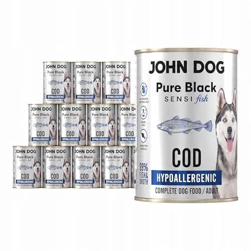 JOHN DOG Hundenassfutter Pure Black Sensi Fish Kabeljau - Getreidefreies und Hypoallergenes Monoprotein Nassfutter für empfindliche Hunde 12 x 400g von JOHN DOG