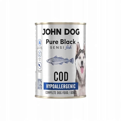 JOHN DOG Hundenassfutter Pure Black Sensi Fish Kabeljau - Getreidefreies und Hypoallergenes Monoprotein Nassfutter für empfindliche Hunde 400g von JOHN DOG