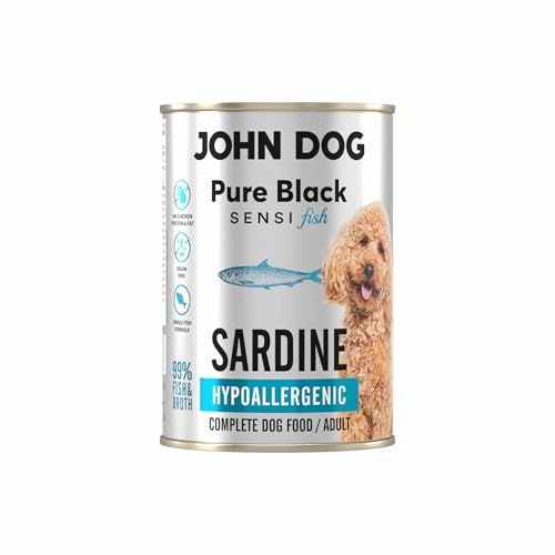 JOHN DOG Hundenassfutter Pure Black Sensi Fish Sardine - Getreidefreies und Hypoallergenes Monoprotein Nassfutter für empfindliche Hunde 400g von JOHN DOG