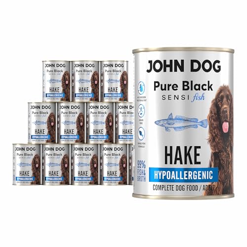 JOHN DOG Hundenassfutter Pure Black Sensi Fish Seelachs - Getreidefreies und Hypoallergenes Monoprotein Nassfutter für empfindliche Hunde 12 x 400g von JOHN DOG
