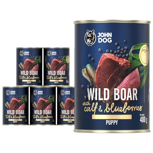JOHN DOG Nassfutter für Hunde Berry Line Wildschwein mit Kalb und Blaubeeren - Getreidefrei Hundefutter mit Superfoods und 96% Fleisch & Innereien - für Welpen 6 x 400g von JOHN DOG