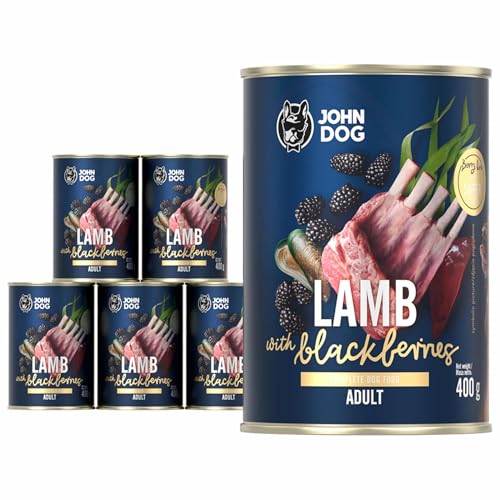 JOHN DOG Nassfutter für Hunde Berry Line Lamm mit Brombeeren - Getreidefrei Hundefutter mit Superfoods und 96% Fleisch & Innereien - für Erwachsene Hunde 6 x 400g von JOHN DOG