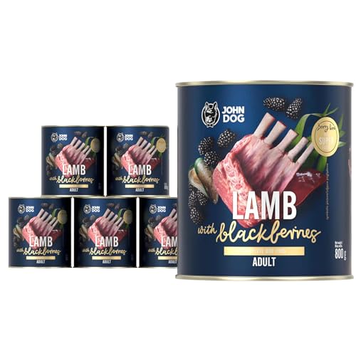 JOHN DOG Nassfutter für Hunde Berry Line Lamm mit Brombeeren - Getreidefrei Hundefutter mit Superfoods und 96% Fleisch & Innereien - für Erwachsene Hunde 6 x 800g von JOHN DOG