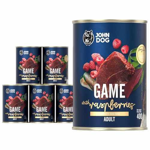 JOHN DOG Nassfutter für Hunde Berry Line Wildschwein mit Himbeeren - Getreidefrei Hundefutter mit Superfoods und 96% Fleisch & Innereien - für Erwachsene Hunde 6 x 400g von JOHN DOG