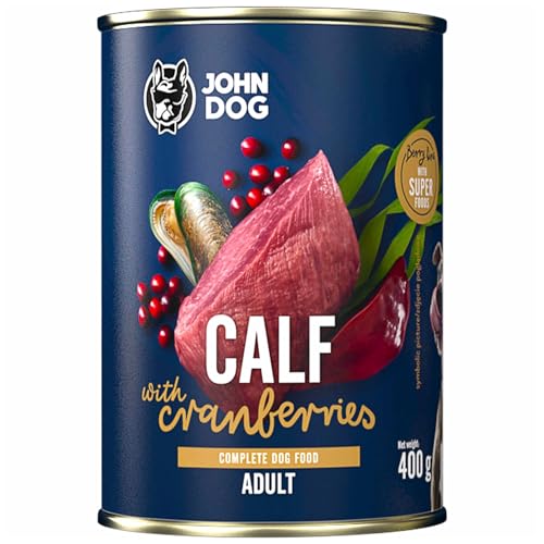 JOHN DOG Nassfutter für Hunde Berry Line Kalb mit Preiselbeeren - Getreidefrei Hundefutter mit Superfoods und 96% Fleisch & Innereien - für Erwachsene Hunde 400g von JOHN DOG