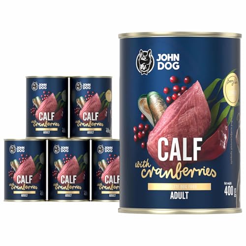JOHN DOG Nassfutter für Hunde Berry Line Kalb mit Preiselbeeren - Getreidefrei Hundefutter mit Superfoods und 96% Fleisch & Innereien - für Erwachsene Hunde 6 x 400g von JOHN DOG