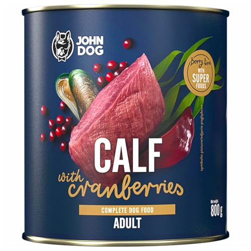 JOHN DOG Nassfutter für Hunde Berry Line Kalb mit Preiselbeeren - Getreidefrei Hundefutter mit Superfoods und 96% Fleisch & Innereien - für Erwachsene Hunde 800g von JOHN DOG
