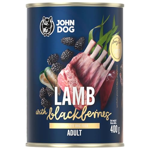 JOHN DOG Nassfutter für Hunde Berry Line Lamm mit Brombeeren - Getreidefrei Hundefutter mit Superfoods und 96% Fleisch & Innereien - für Erwachsene Hunde 400g von JOHN DOG
