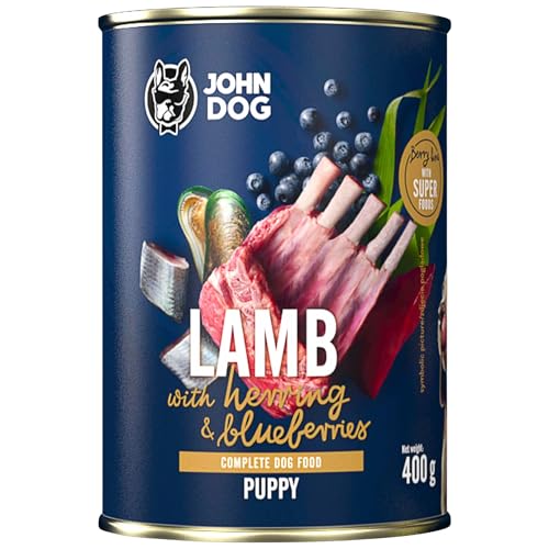 JOHN DOG Nassfutter für Hunde Berry Line Lamm mit Hering und Heidelbeeren - Getreidefrei Hundefutter mit Superfoods und 96% Fleisch & Innereien - für Welpen 400g von JOHN DOG