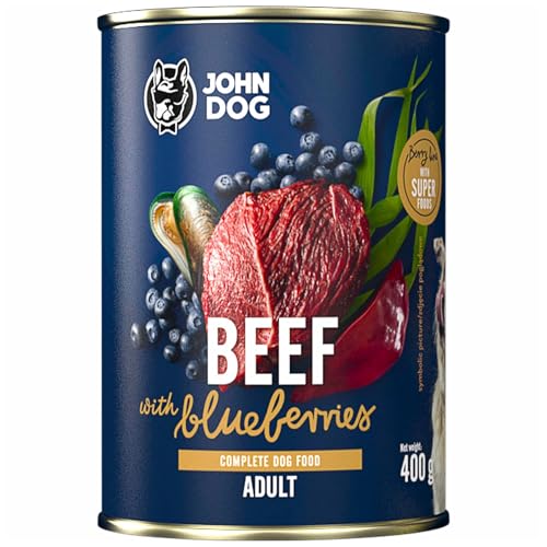 JOHN DOG Nassfutter für Hunde Berry Line Rind mit Heidelbeeren - Getreidefrei Hundefutter mit Superfoods und 96% Fleisch & Innereien - für Erwachsene Hunde 400g von JOHN DOG