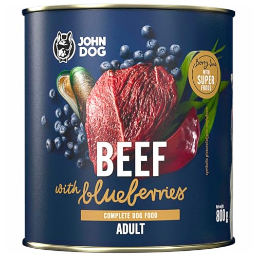JOHN DOG Nassfutter für Hunde Berry Line Rind mit Heidelbeeren - Getreidefrei Hundefutter mit Superfoods und 96% Fleisch & Innereien - für Erwachsene Hunde 800g von JOHN DOG
