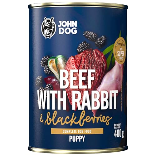JOHN DOG Nassfutter für Hunde Berry Line Rind mit Kaninchen und Brombeeren - Getreidefrei Hundefutter mit Superfoods und 96% Fleisch & Innereien - für Welpen 400g von JOHN DOG