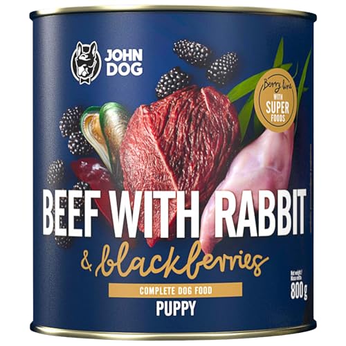 JOHN DOG Nassfutter für Hunde Berry Line Rind mit Kaninchen und Brombeeren - Getreidefrei Hundefutter mit Superfoods und 96% Fleisch & Innereien - für Welpen 800g von JOHN DOG