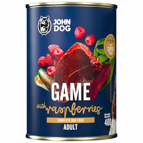 JOHN DOG Nassfutter für Hunde Berry Line Wildschwein mit Himbeeren - Getreidefrei Hundefutter mit Superfoods und 96% Fleisch & Innereien - für Erwachsene Hunde 400g von JOHN DOG