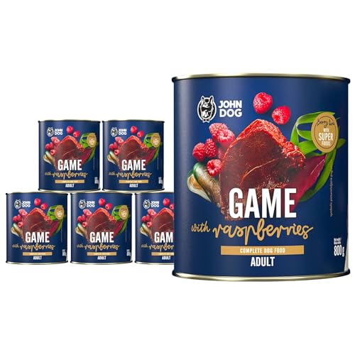 JOHN DOG Nassfutter für Hunde Berry Line Wildschwein mit Himbeeren - Getreidefrei Hundefutter mit Superfoods und 96% Fleisch & Innereien - für Erwachsene Hunde 6 x 800g von JOHN DOG