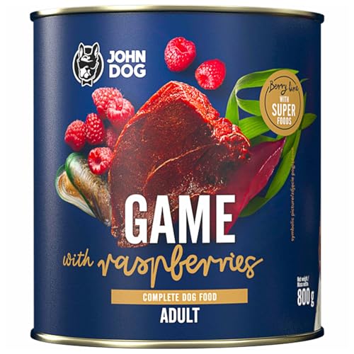 JOHN DOG Nassfutter für Hunde Berry Line Wildschwein mit Himbeeren - Getreidefrei Hundefutter mit Superfoods und 96% Fleisch & Innereien - für Erwachsene Hunde 800g von JOHN DOG