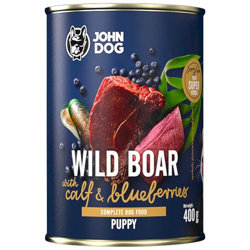 JOHN DOG Nassfutter für Hunde Berry Line Wildschwein mit Kalb und Blaubeeren - Getreidefrei Hundefutter mit Superfoods und 96% Fleisch & Innereien - für Welpen 400g von JOHN DOG