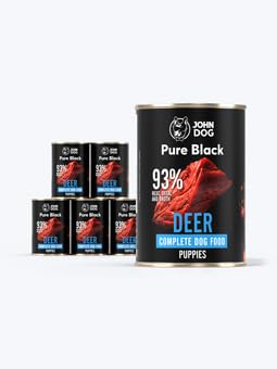 JOHN DOG Pure Black-93% Fleisch - Premium - Welpenfutter - Hypoallergenes - Glutenfrei Nassfutter - 100% Natürliche Zutaten - Hunde Leckerlis - 6 x 400g - (Hirsch) von JOHN DOG
