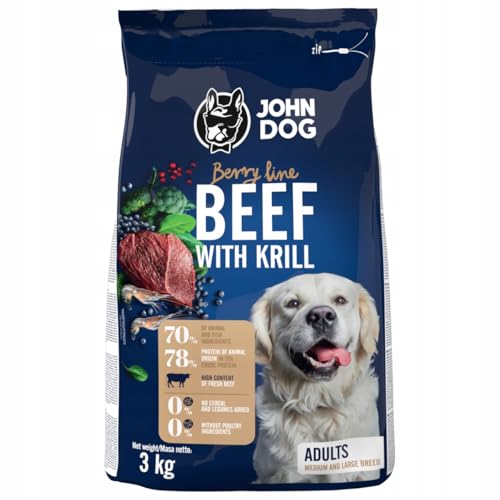 JOHN DOG Trockenfutter für Hunde Berry Line Rindfleisch mit Krill - Für Erwachsene Hunde mittlerer und großer Rassen - Getreidefrei und hoher Fleischanteil 3 kg von JOHN DOG