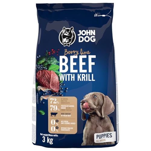 JOHN DOG Trockenfutter für Hunde Berry Line Rind mit Krill - Futter für Welpen mittlerer und großer Rassen - Getreidefrei und hoher Fleischanteil 3kg von JOHN DOG