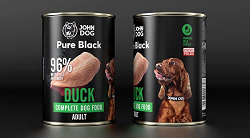 John Dog Nassfutter Pure Black Ente. 400g. 100% naturbelassene, hochwertige Zutaten, 96% Fleisch und Innereien mit Entenbrühe, mit Zusatz von Milchdistel, Mineralien und Bierhefe, frei von von JOHN DOG