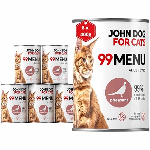 Katzennassfutter ohne Zucker und Getreide - Fasan & Huhn - Katzenfutter Nass mit 99% Fleischanteil - Nassfutter mit 100% frischen Zutaten für ausgewachsene Katzen - JD for Cats 99 MENU - 400g x 6 Katzennassfutter ohne Zucker und Getreide - Fasan & Huhn - Katzenfutter Nass mit 99% Fleischanteil - Nassfutter mit 100% frischen Zutaten für ausgewachsene Katzen - JD for Cats 99 MENU - 400g x 6 von JOHN DOG