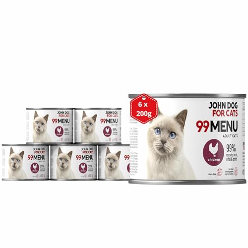 Katzennassfutter ohne Zucker und Getreide - Huhn - Katzenfutter Nass mit 99% Fleischanteil - Nassfutter mit 100% frischen Zutaten für ausgewachsene Katzen - John Dog for Cats 99 MENU - 200g x 6 Katzennassfutter ohne Zucker und Getreide - Huhn - Katzenfutter Nass mit 99% Fleischanteil - Nassfutter mit 100% frischen Zutaten für ausgewachsene Katzen - John Dog for Cats 99 MENU - 200g x 6 von JOHN DOG